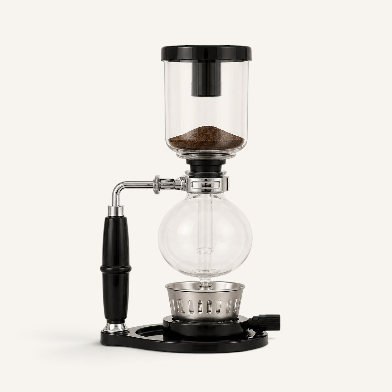 BrewCups marka, siyah detaylı ve paslanmaz çelik aksamlı, şık tasarımlı cam sifon kahve demleme ekipmanı.