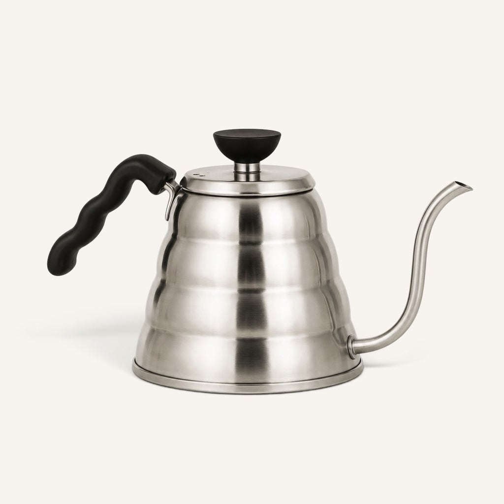 BrewCups paslanmaz çelik, uzun ince ağızlı, ergonomik siyah saplı şık manuel kahve demleme su ısıtıcısı