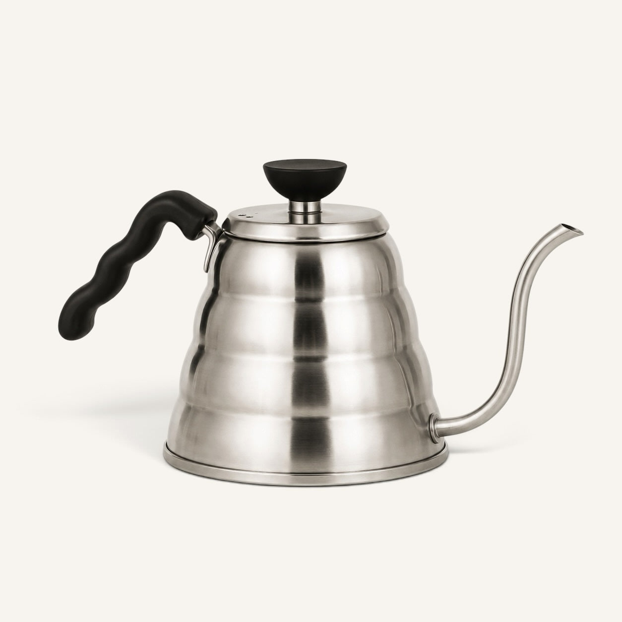 BrewCups paslanmaz çelik, uzun ince ağızlı, ergonomik siyah saplı şık manuel kahve demleme su ısıtıcısı